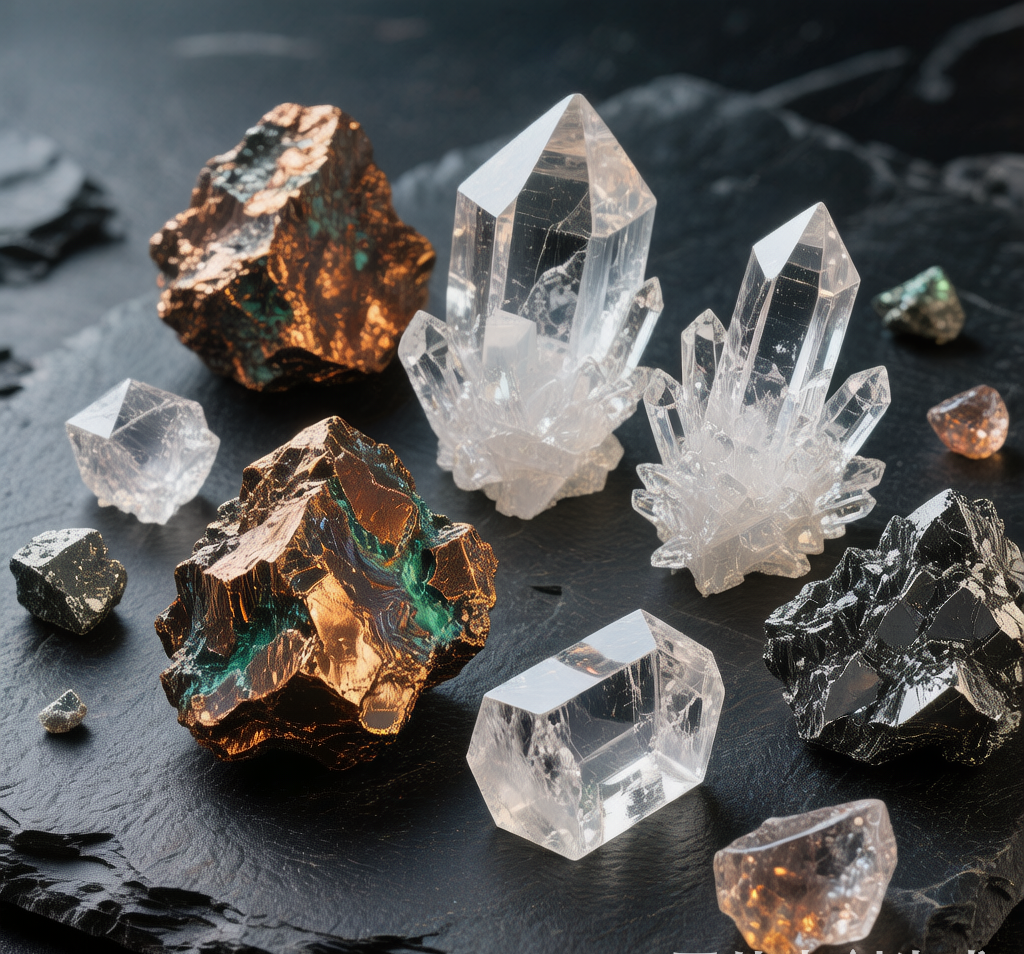 Mineral ore samples including copper, quartz, calcite and tungsten